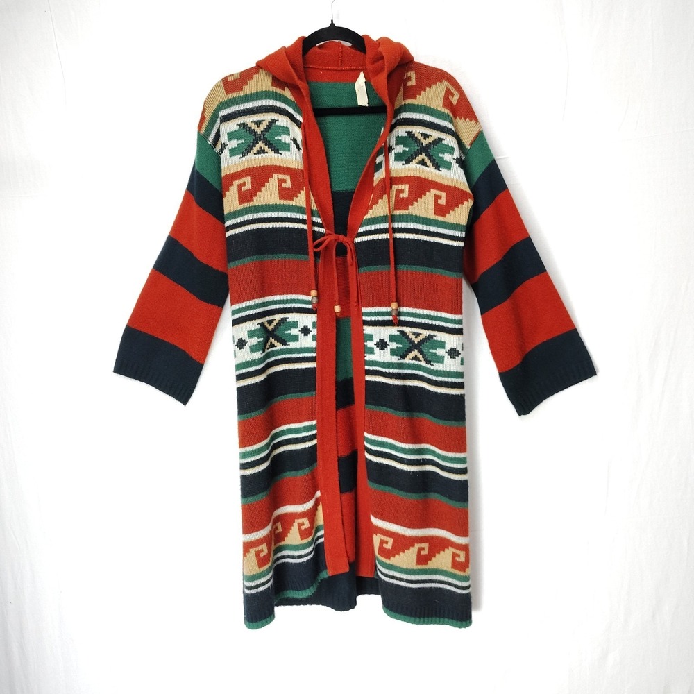 Vtg Aztec Cardigan Duster Womens M*‎ 70s Rustic Western Winter Boho Hooded Tie
